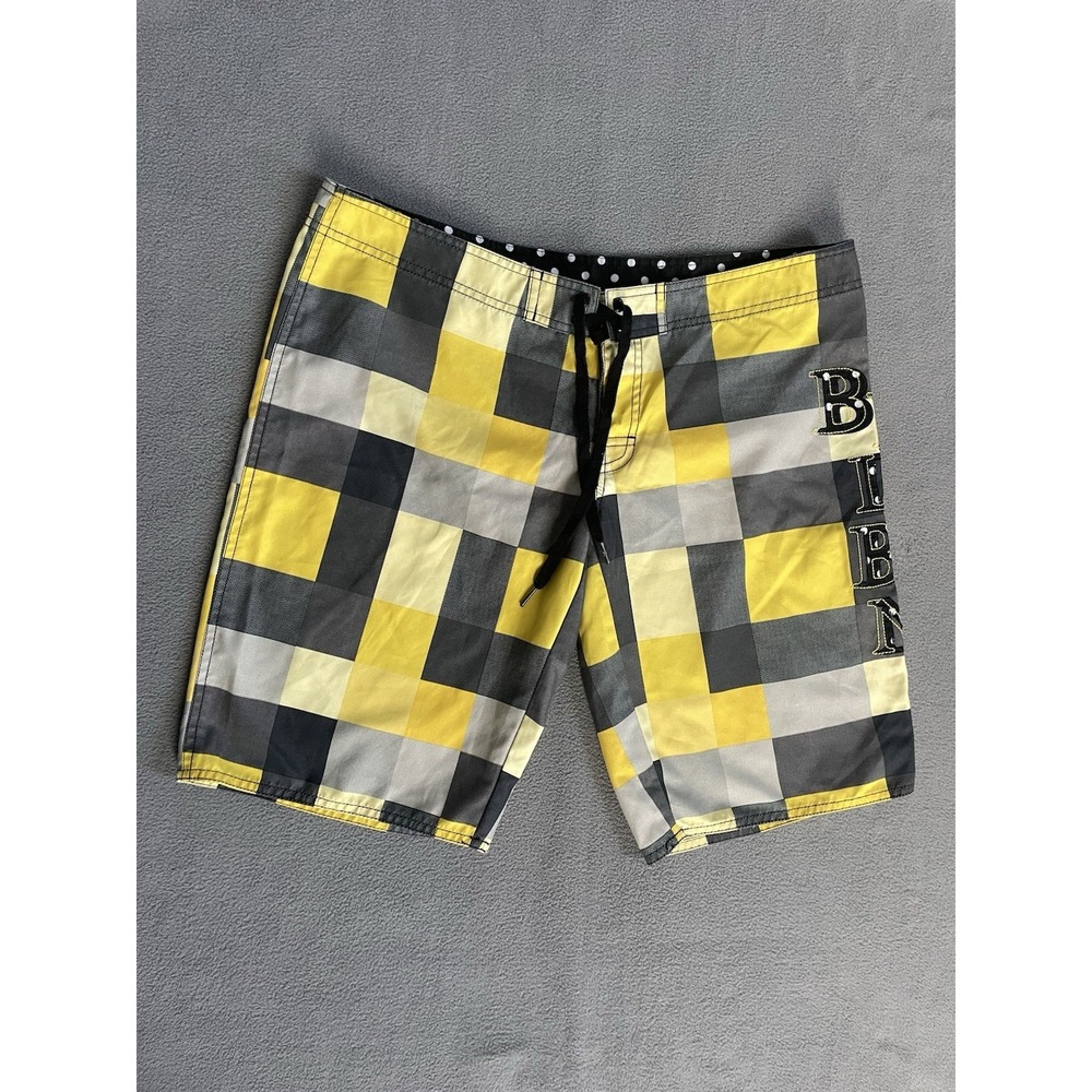 Billabong Board Shorts yellow and grey check boardshorts‎ Sz 34 Waist Spellout